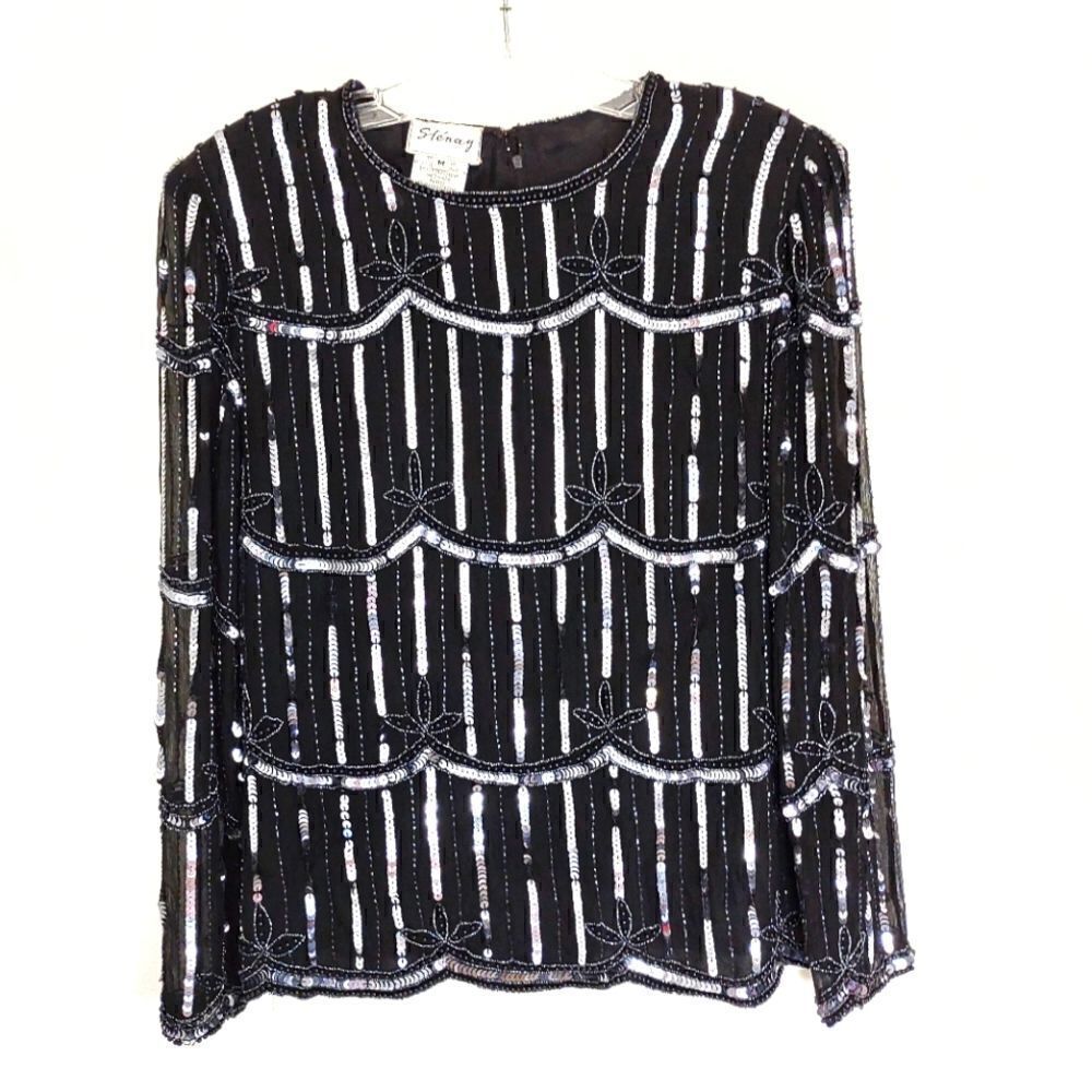 Vintage Ste'nay Black Top LS Silk Chiffon Silver Sequins Bead Design M‎